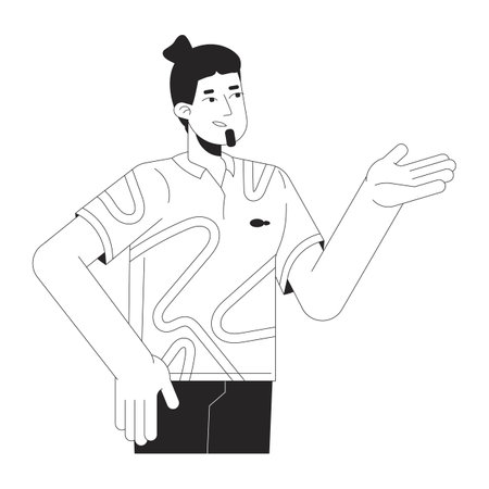 Caucasian guy making suggestion black and white 2D line cartoon character. Discussion participating man isolated vector outline person. Gesturing explaining monochromatic flat spot illustrationのイラスト素材