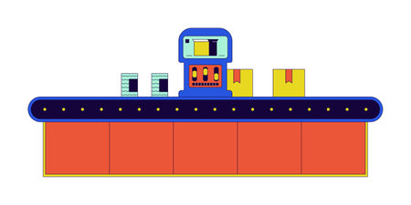 Production assembly line 2D linear cartoon object. Conveyor belt boxes isolated line vector element white background. Industrial equipment. Factory industrial plant color flat spot illustrationのイラスト素材