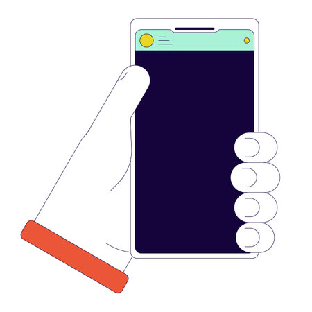 Holding smartphone linear cartoon character hand illustration. Using mobile phone outline 2D vector image, white background. Cellphone in hand. Cell phone carrying editable flat color clipartのイラスト素材