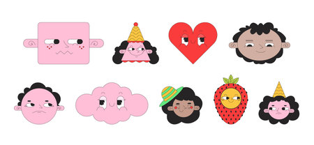 Groovy cute 2D linear vector avatars illustration set. 70s retro heart, cloud, strawberry cartoon character faces portraits collection. Cone party person flat color user profiles images isolatedのイラスト素材