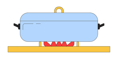 Stovetop pot lid 2D linear cartoon object. Dinner preparation. Cooking kitchenware isolated line vector element white background. Pot on stove flames. Meal preparing color flat spot illustrationのイラスト素材