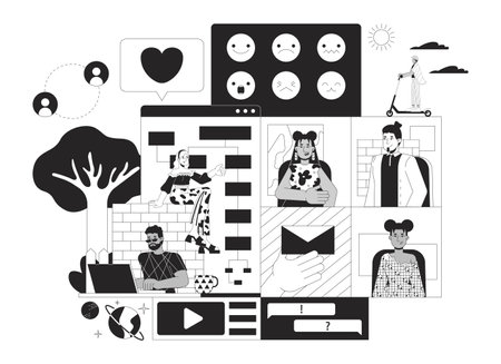 Computer software developers black and white 2D illustration concept. Diverse programmers at work cartoon outline characters isolated on white. Digital products creating metaphor monochrome vector artのイラスト素材
