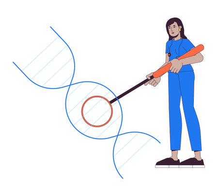 Female doctor researching dna helix 2D linear cartoon character. Genetic diseases specialist isolated line vector person white background. Decoding human genome color flat spot illustrationのイラスト素材