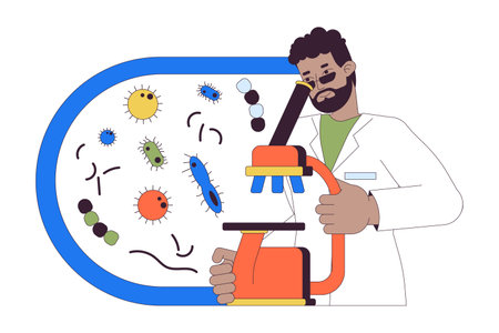 Scientist studying bacterium via microscope 2D linear cartoon character. Medical lab assistant isolated line vector person white background. Micro biology science color flat spot illustrationのイラスト素材