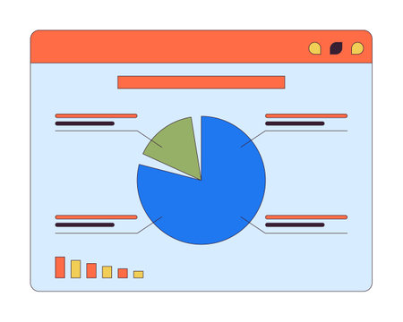 Pie chart diagram on website 2D linear cartoon object. Business data analytics tool isolated line vector element white background. Accounting computer software color flat spot illustrationのイラスト素材