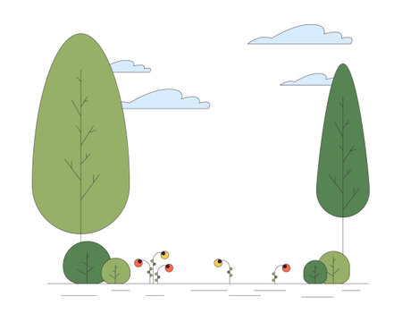 Park trees clouds line cartoon flat illustration. Shrubs greenery summer outdoors no people 2D lineart landscape isolated on white background. Outside springtime peaceful scene vector color imageのイラスト素材
