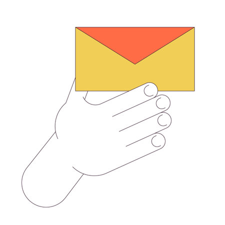 Holding closed envelope linear cartoon character hand illustration. Communication via paper letters outline 2D vector image, white background. Sending message by mail editable flat color clipartのイラスト素材