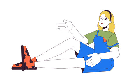Blonde woman gesturing while sitting 2D linear cartoon character. Relaxed female communicating isolated line vector person white background. Chilling out time color flat spot illustrationのイラスト素材