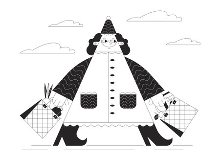 Grocery shopper black and white 2D illustration concept. Retro groovy cartoon outline character isolated on white. Cute geometric figure consumer walking bags with metaphor monochrome vector artのイラスト素材