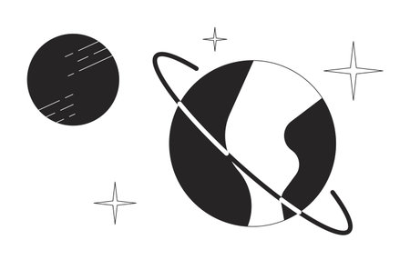 Planets in deep space black and white 2D line cartoon object set. Celestial bodies studying isolated...