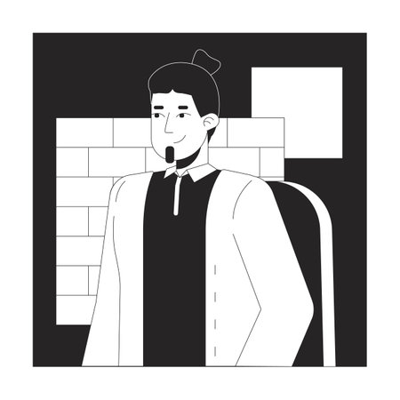 Positive man office worker black and white 2D line cartoon character. Caucasian male on chair...