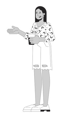 Happy woman with drink talking black and white 2D line cartoon character. Arab female enjoying party isolated vector outline person. Chilling out event visiting monochromatic flat spot illustrationのイラスト素材