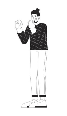 Angry man shaking by fists black and white 2D line cartoon character. Fighting stance. Caucasian...