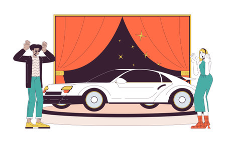 Diverse couple buying new car line cartoon flat illustration. Man and woman impressed by modern auto 2D lineart characters isolated on white background. Car dealership scene vector color imageのイラスト素材