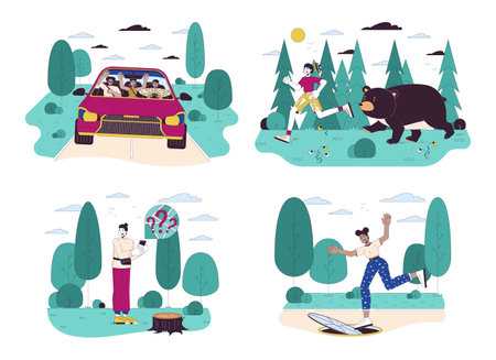 People surviving accidents line cartoon flat illustration set. Dealing with dangerous situations 2D lineart characters isolated on white background. Warning scene vector color image collectionのイラスト素材