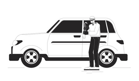 Thief breaking into car black and white cartoon flat illustration. Caucasian criminal stealing auto 2D lineart character isolated. Illegal actions with vehicle monochrome scene vector outline imageのイラスト素材