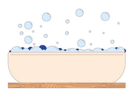 Bathtub with foamy water 2D linear cartoon object. Bath prepared for body washing and relaxation isolated line vector element white background. Spa procedures color flat spot illustrationのイラスト素材