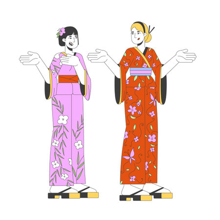 Diverse japan tourists wearing kimono 2D linear cartoon characters. Japanese and caucasian women isolated line vector people white background. Foreigner in yukata color flat spot illustrationのイラスト素材