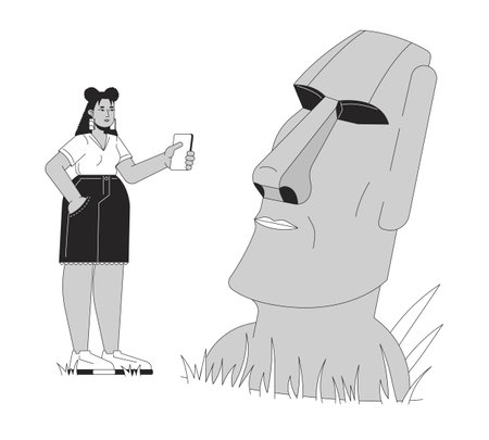 Curvy latina tourist taking photo of moai statue black and white 2D line cartoon character. Female with phone isolated vector outline person. Easter island tour monochromatic flat spot illustrationのイラスト素材