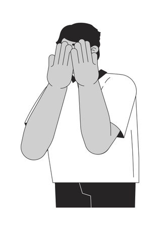 Arab man covering eyes depressed black and white 2D line cartoon character. Middle eastern guy hiding behind hands isolated vector outline person. Embarrassed monochromatic spot illustrationのイラスト素材
