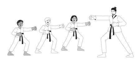 Martial arts sensei training pupils black and white 2D line characters. Punching stance. Karate teacher teaching children diversity isolated vector outline people. Monochromatic spot illustrationのイラスト素材