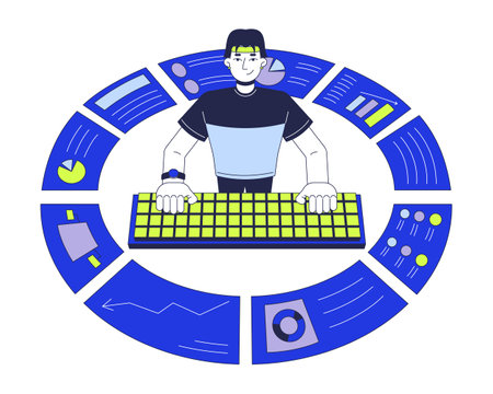 Data analytics business reports 2D illustration concept. Computer analyst typing keyboard cartoon character isolated on white. Key performance indicators metaphor abstract flat vector graphicのイラスト素材