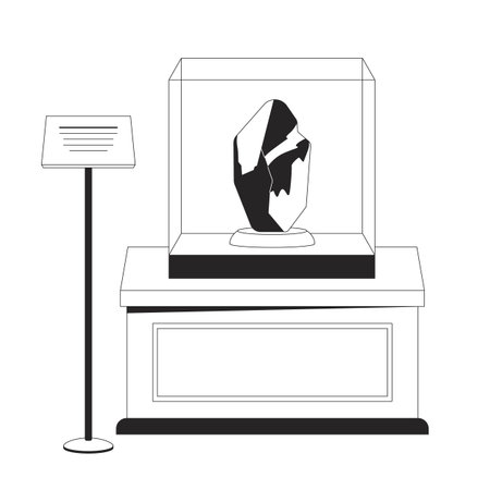 Antique gem exhibit black and white 2D line cartoon object. Mineral specimen display isolated vector outline item. Gemstone precious stone in museum exhibition monochromatic flat spot illustrationのイラスト素材