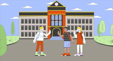 Meeting with school friends cartoon flat illustration. Hi waving schoolkids diverse schoolmates 2D characters colorful background. First day of school schoolyard scene vector storytelling imageのイラスト素材