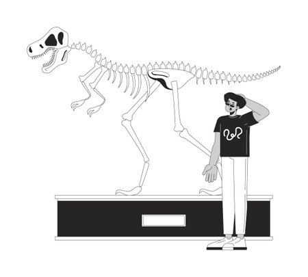 Hispanic man looking at tyrannosaurus rex fossil exhibit black and white 2D line cartoon character. Latino male isolated vector outline person. Prehistory museum monochromatic flat spot illustrationのイラスト素材