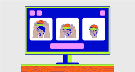 Arab male fashion blogger wearing hat on stream 2D linear illustration concept. Video lesson on...