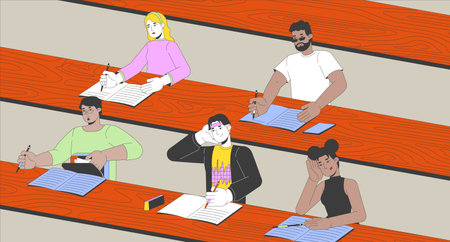 Lecture hall with students cartoon flat illustration. University graduate freshmen college life 2D characters colorful background. Diverse audience auditorium scene vector storytelling imageのイラスト素材