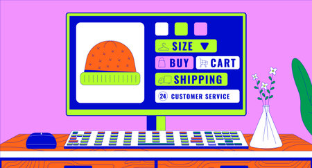 Knitted hats selling website open on computer 2D linear illustration concept. Fashion accessory...