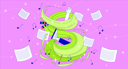 Person pulled into vortex of musical sounds 2D linear illustration concept. Composer drowning in harmonical sounds rhythm cartoon scene background. Inspiration metaphor abstract flat vector graphicのイラスト素材