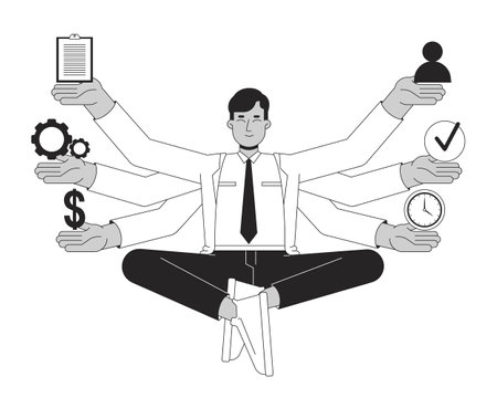 Multitasking in management black and white 2D illustration concept. Product manager working on tasks simultaneously outline character isolated. Multi-task juggling metaphor monochrome vector artのイラスト素材
