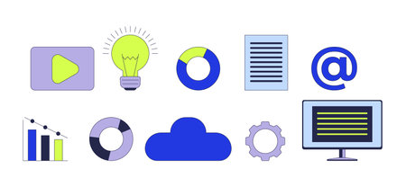 Product management 2D cartoon objects set. Corporate technology isolated flat vector elements white background. Analytics charts, development optimization color spot illustration collectionのイラスト素材
