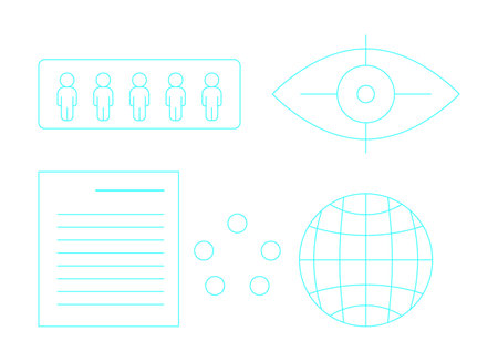 Globalization biometrics 2D cartoon objects set. Population citizens, planet wireframe isolated flat vector elements white background. Demographics monitoring color spot illustration collectionのイラスト素材