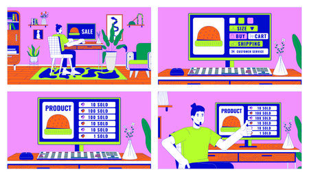 Selling hats in online store cartoon flat illustration set. Caucasian men ordering clothes on internet 2D line characters colorful background. E-commerce scene vector storytelling image collectionのイラスト素材