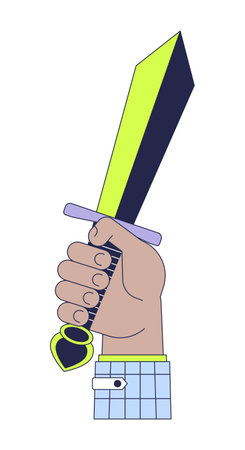 Raising up sword cartoon character hand illustration. Knight holding. Medieval tournament champion outline 2D vector image, white background. Historical reconstruction club editable flat color clipartのイラスト素材