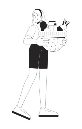 Caucasian woman carrying hat with food black and white 2D line cartoon character. European female using cap as bag isolated vector outline person. Lifestyle monochromatic flat spot illustrationのイラスト素材
