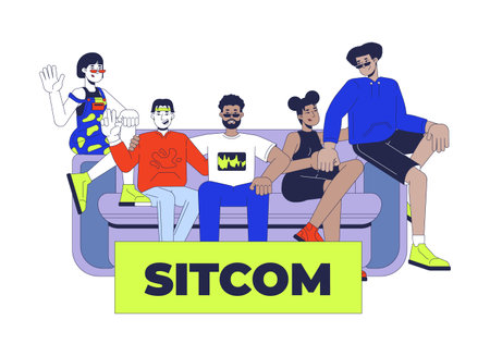 Sitcom TV series 2D illustration concept. Situation comedy. Diverse group friends sitting on couch...