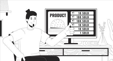 Man showing thumbs up happy of sales black and white 2D illustration concept. Entrepreneur selling hats online outline cartoon scene background. E commerce metaphor monochrome vector artのイラスト素材
