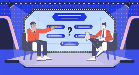 Quiz show on TV flat illustration. Host suggesting multiple choice questions to contestant 2D characters cartoon background. Trivia show game television broadcasting scene vector storytelling imageのイラスト素材