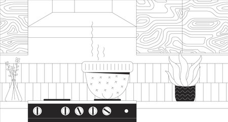 Cooking soup in knitted hat on stove black and white line illustration. Cap shaped saucepan in kitchen 2D interior monochrome background. Food preparation process outline scene vector imageのイラスト素材