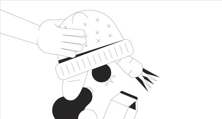 Person pouring food products out of hat black and white 2D illustration concept. Carrying grocery goods in clothes outline cartoon scene background. Shopping metaphor monochrome vector artのイラスト素材