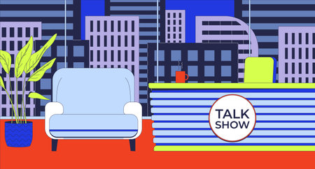 Talk show studio flat illustration. Entertainment talkshow room with desk and armchair for guest. Television program 2D interior cartoon background. Channel TV production scene vector imageのイラスト素材