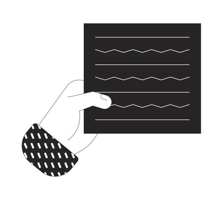 Hand holding paper outline illustration. Sheet with text strokes. Offering official commercial document to approve isolated 2D vector image black and white. Monochromatic drawing clip artのイラスト素材
