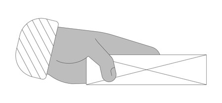 Black person hand giving closed envelope outline illustration. Holding private paper message. Mail delivery service isolated 2D vector image black and white. Monochromatic drawing clip artのイラスト素材