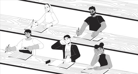 Lecture hall with students black and white line illustration. University graduate freshmen college life 2D characters monochrome background. Diverse audience auditorium outline vector imageのイラスト素材