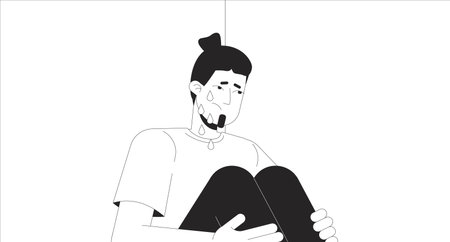 Crying european man hugging knees black and white 2D illustration concept. Caucasian male with depression outline cartoon scene background. Mental health metaphor monochrome vector artのイラスト素材