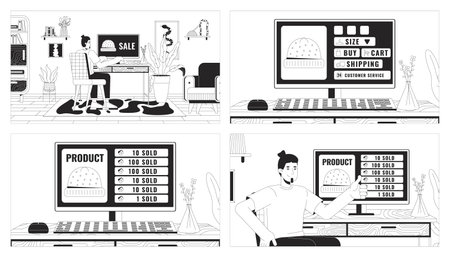 Selling hats in online store black and white line illustration set. Caucasian men ordering clothes on internet 2D characters monochrome background. E-commerce outline scene vector image collectionのイラスト素材